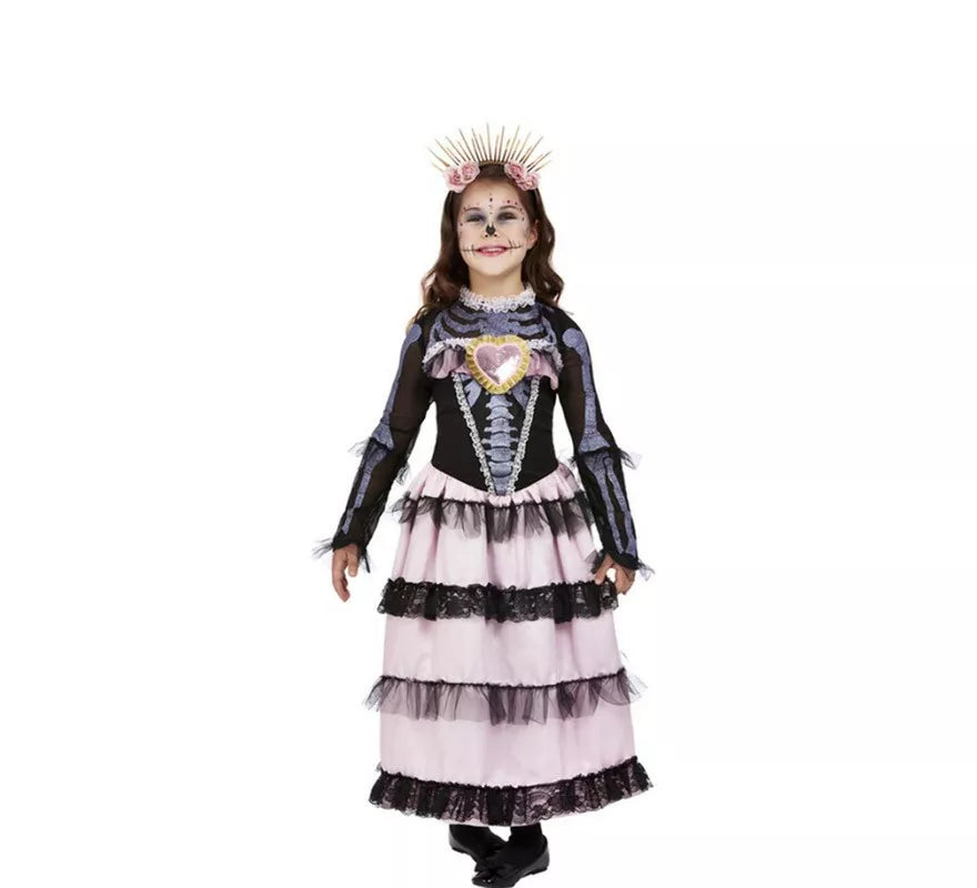 Translation missing: it.Disfraz de Señorita del Día de Muertos negro y rosa para niña