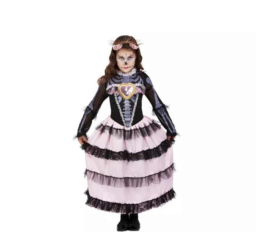 Translation missing: it.Disfraz de Señorita del Día de Muertos negro y rosa para niña