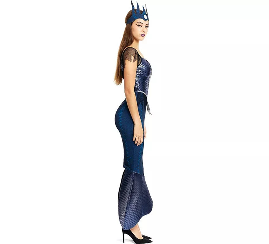 Disfraz de Sirena Malvada azul con corona para mujer
