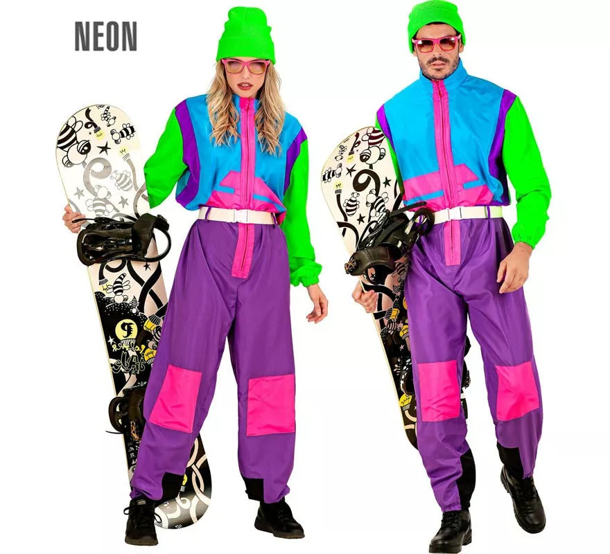 Translation missing: it.Disfraz de Snowboarder lila y verde fluorescente para adulto