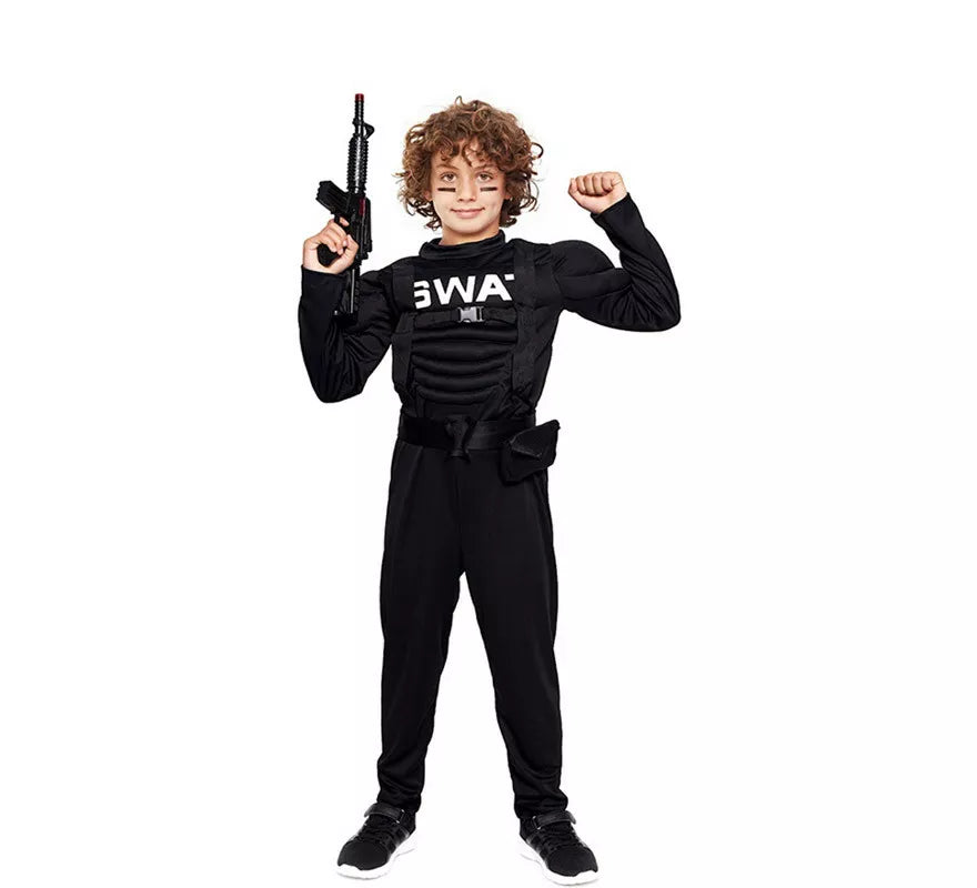 Translation missing: it.Disfraz de Soldado SWAT Musculoso negro para niño