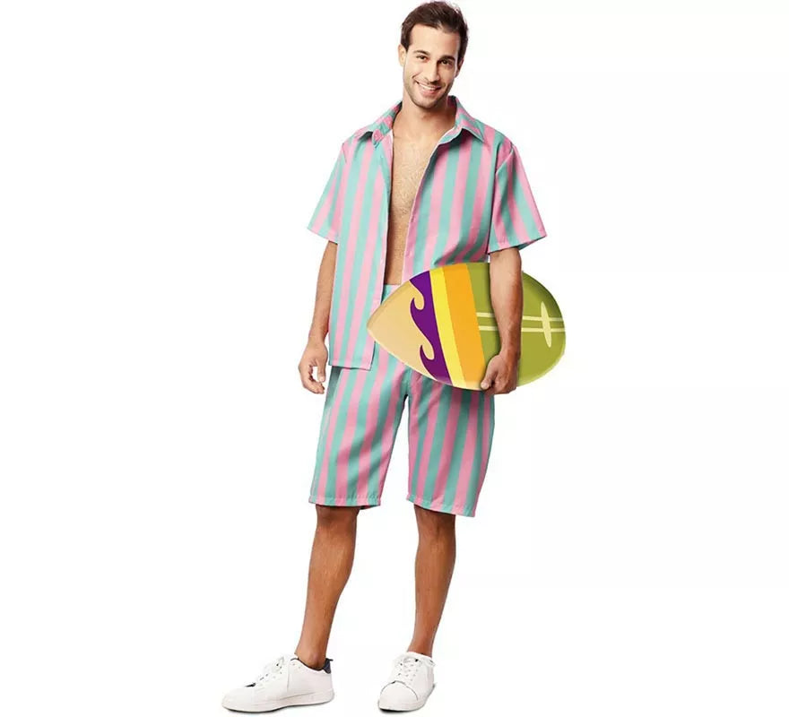 Translation missing: it.Disfraz de Surfista rosa y azul a rayas para hombre