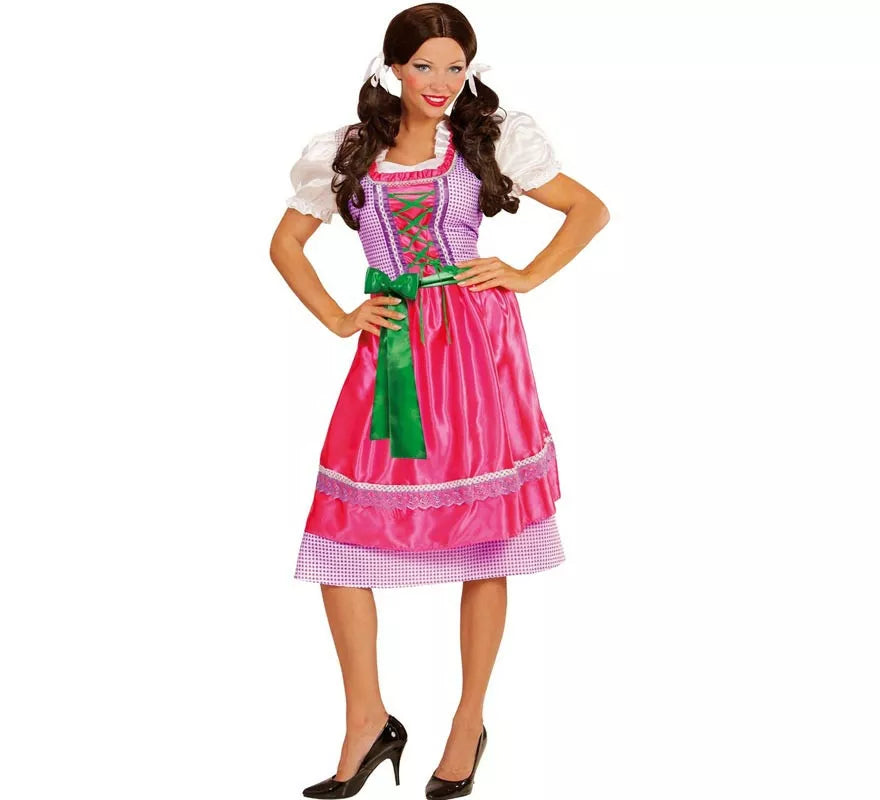 Disfraz de Tirolesa Dirndl rosa y verde con delantal para mujer