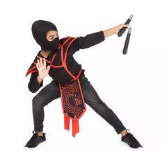 Costume o kit da ninja per bambini: top, cintura, cappuccio e nunchaku