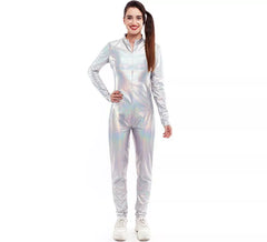 Costume o tuta metallica con chiusura frontale olografica per donna