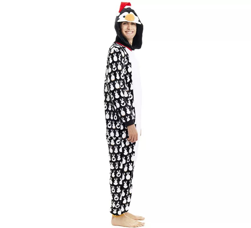 Disfraz o Pijama Pingüino Navideño estampado con capucha para adulto