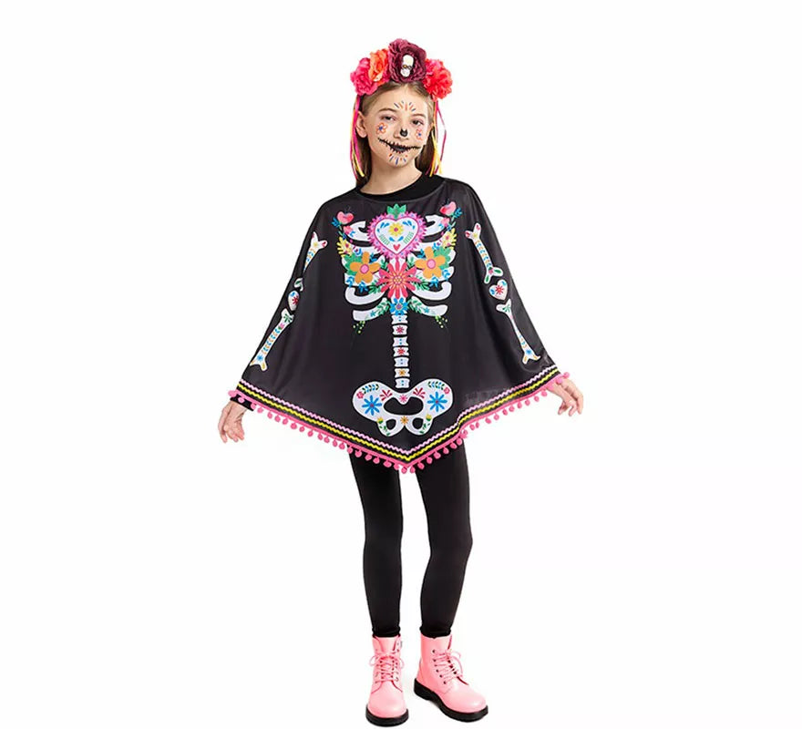 Disfraz o Poncho de Esqueleto Catrina para niña