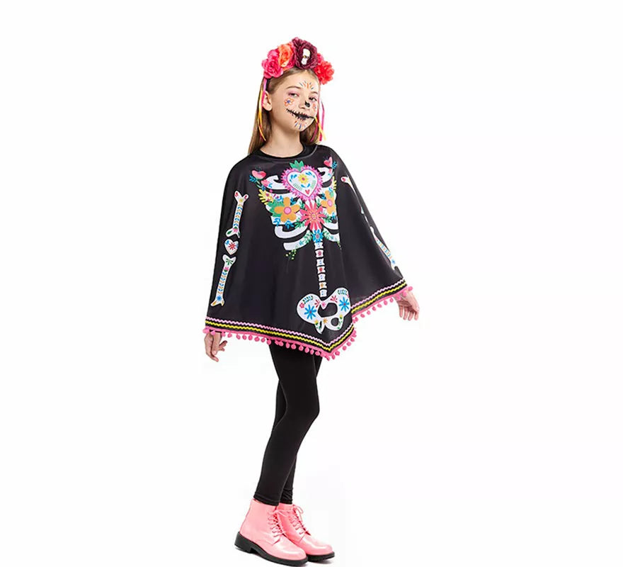 Translation missing: it.Disfraz o Poncho de Esqueleto Catrina para niña