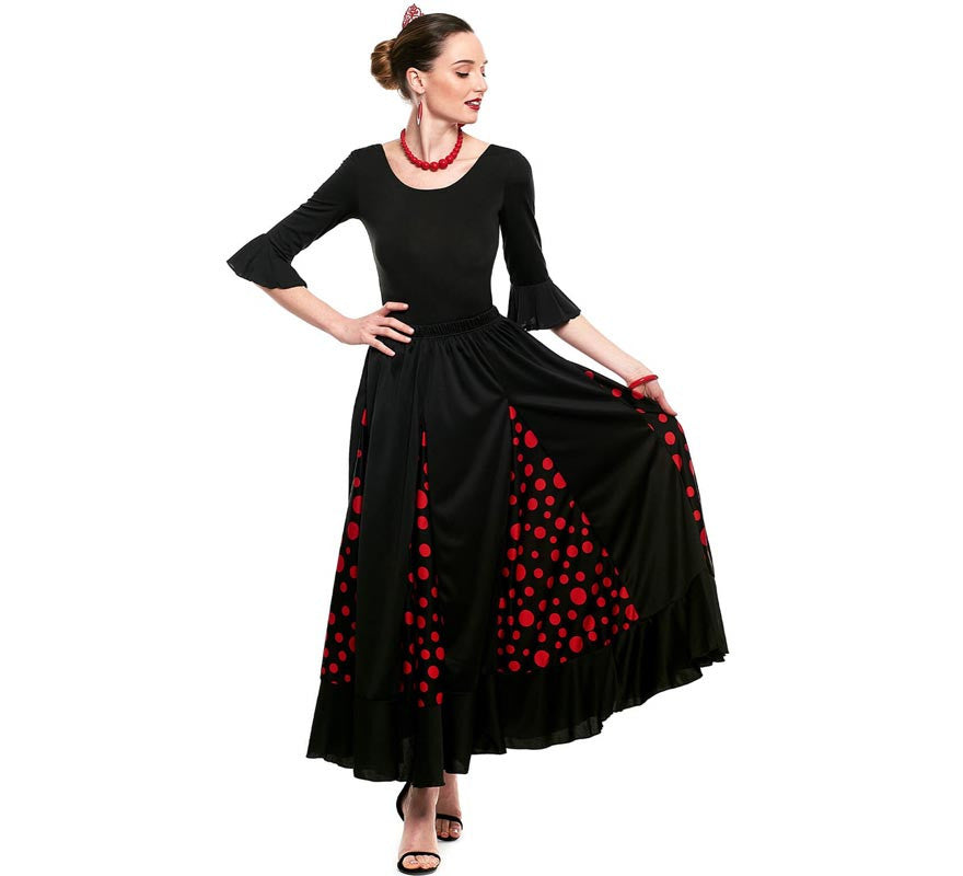 Translation missing: es.Falda Sevillana de Quillas negro con Lunar rojo para mujer