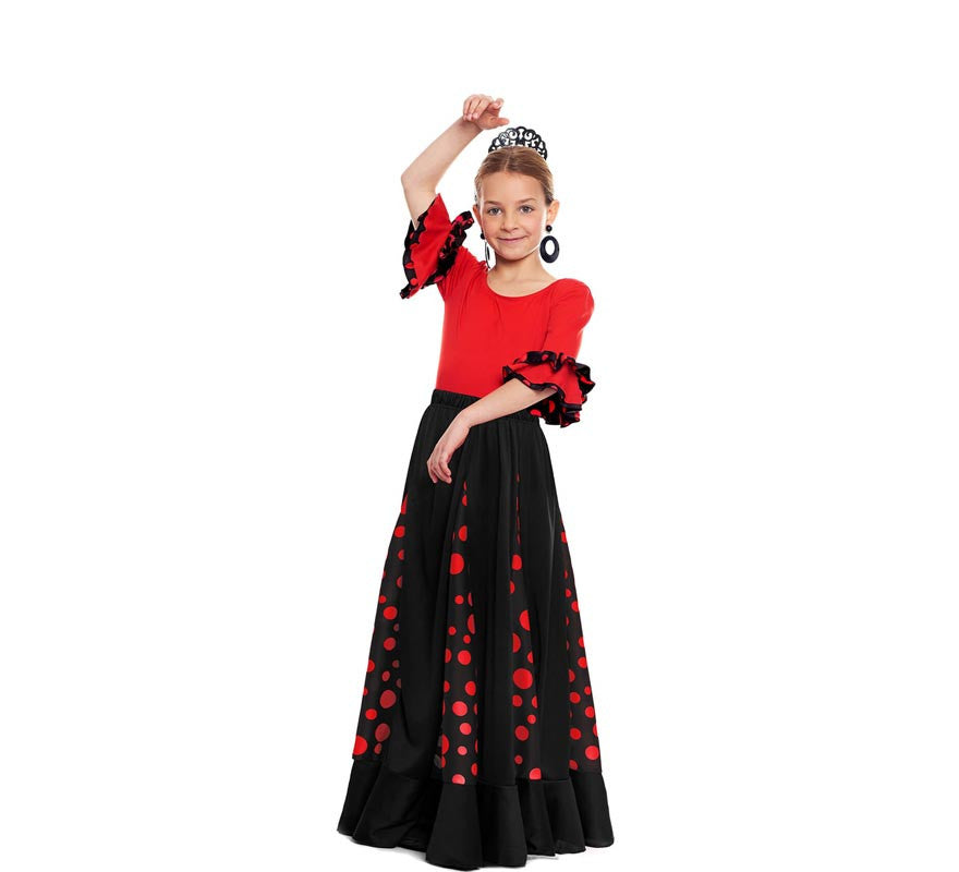 Translation missing: it.Falda Sevillana de Quillas negro con Lunar rojo para niña