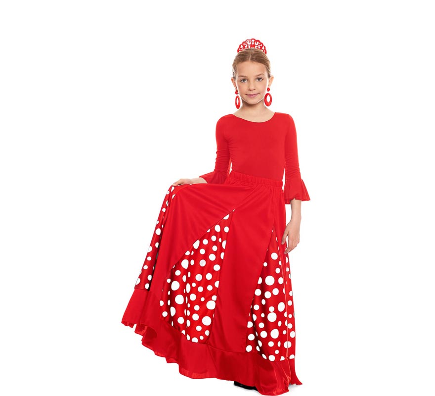 Translation missing: es.Falda Sevillana de Quillas roja con Lunar blanco para niña