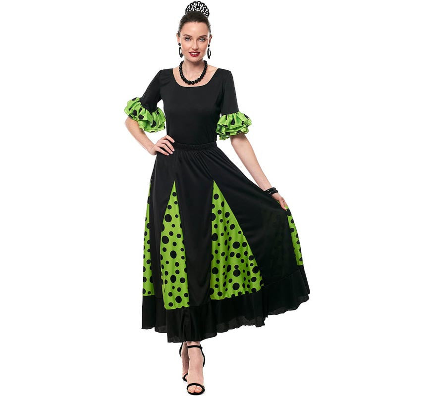 Translation missing: es.Falda Sevillana de Quillas negro y verde con Lunar negro para mujer