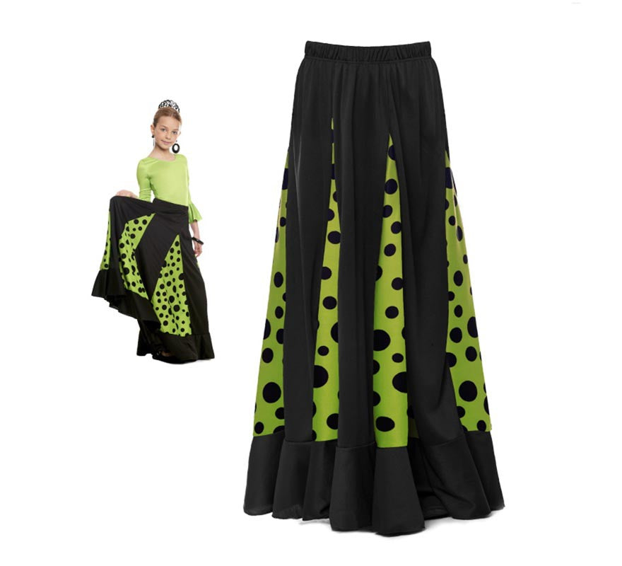 Falda Sevillana de Quillas negro y verde con Lunar negro para niña