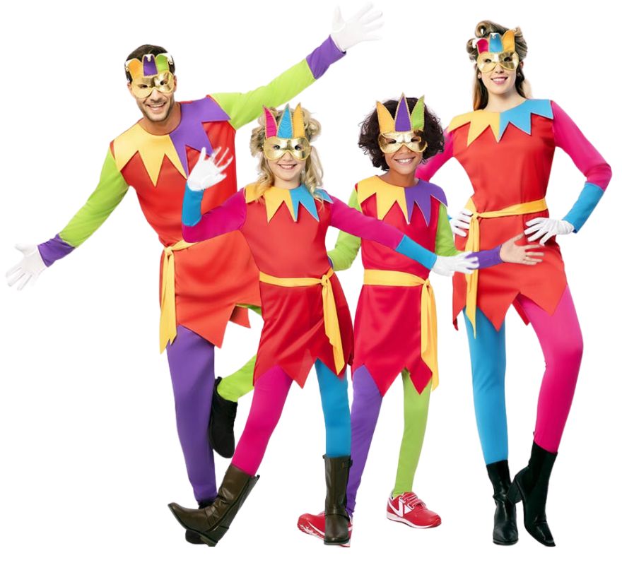 Famiglia di giullari multicolori con maschere