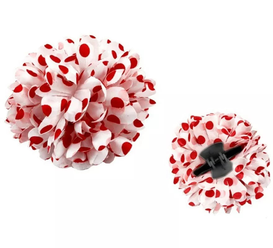 Flor Sevillana o Chulapa con lunares blanco y rojo de 8 cm con pinza