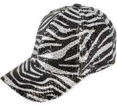Cappellino con stampa animalier zebrata e paillettes