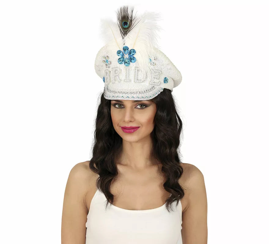 Gorra de Policía Bride con plumas y pedrería adulto