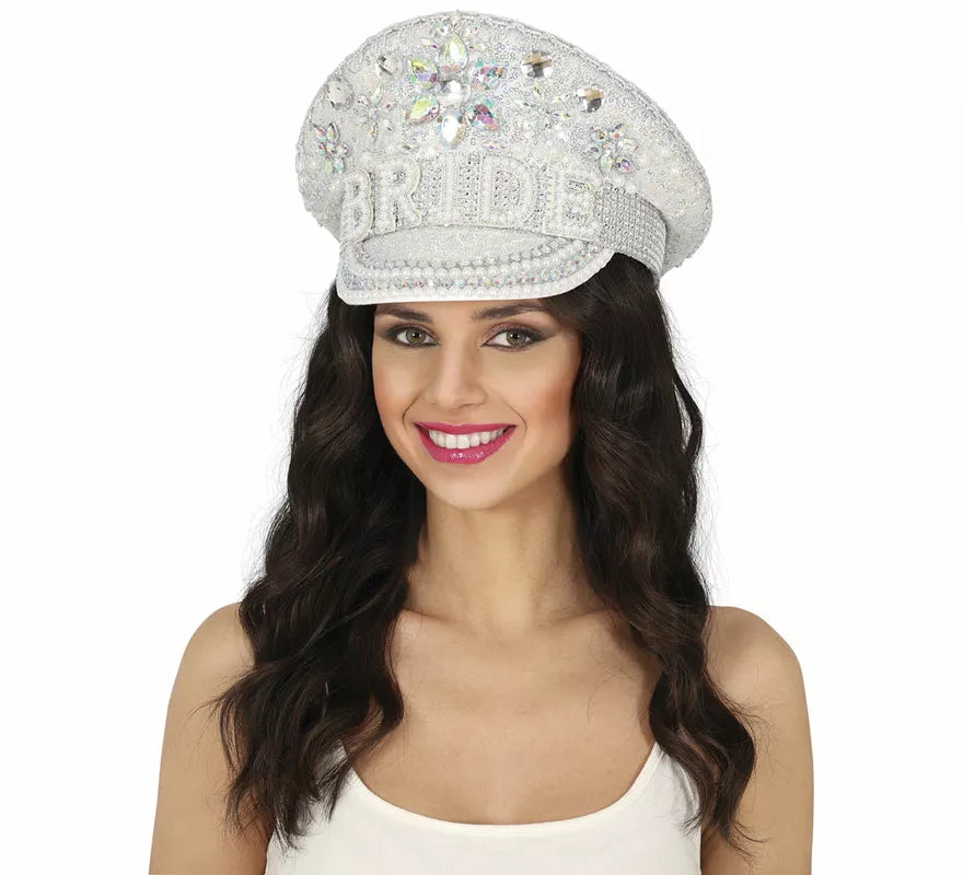 Gorra de Policía plateado Bride con pedrería adulto