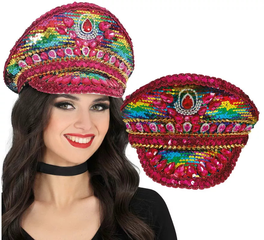 Translation missing: es.Gorra de Policía rosa con Pedrería multicolor adultos