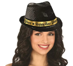"Cappello da gangster con paillettes nere e scritta ""Happy New Year"""