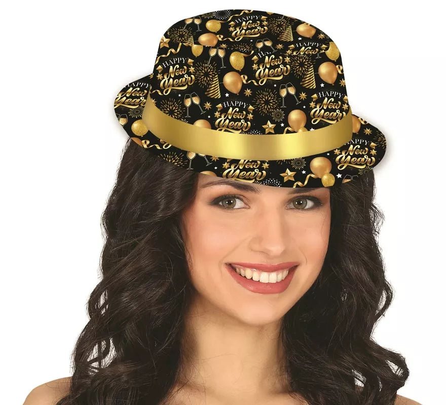 Translation missing: it.Gorro Gánster Happy New Year negro y dorado