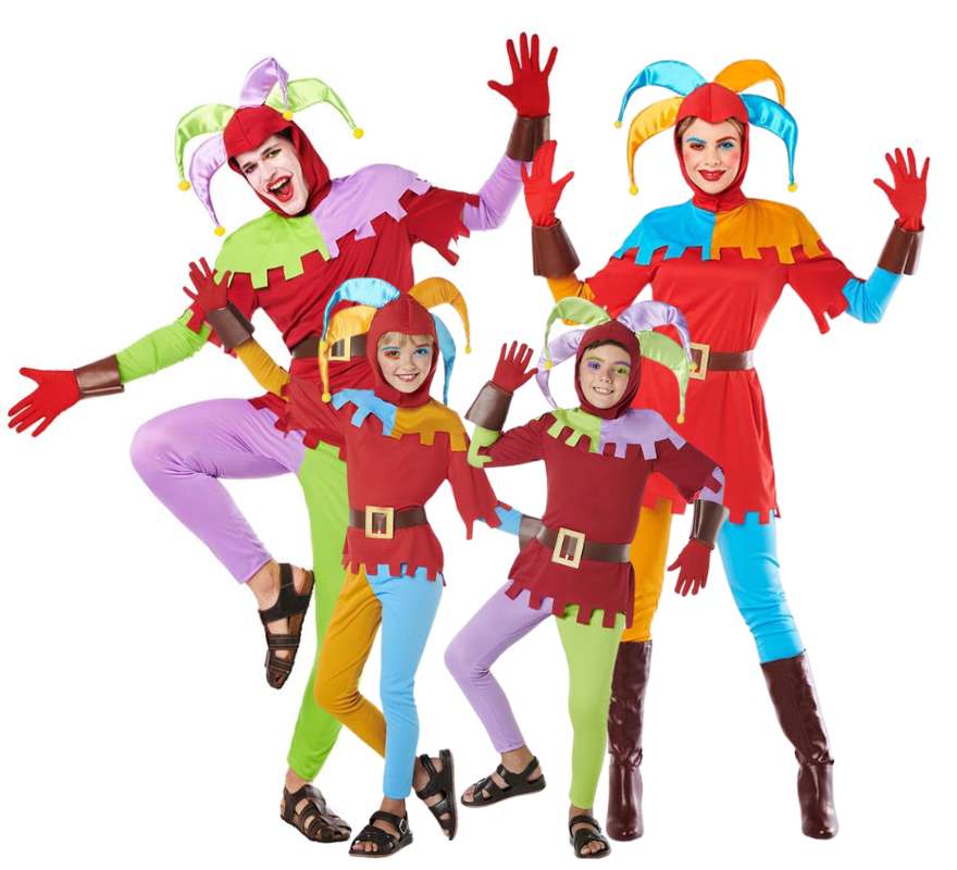 Gruppo di colorati giullari medievali