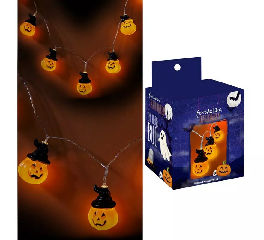 Translation missing: it.Guirnalda de 10 Calabazas con Sombrero con LED de 150 cm