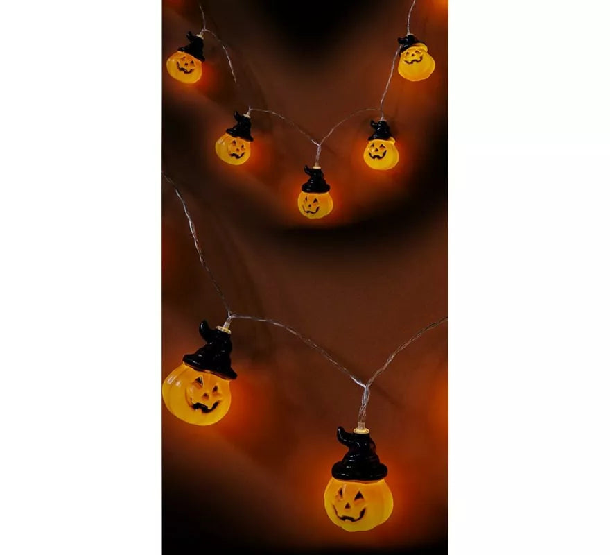 Translation missing: it.Guirnalda de 10 Calabazas con Sombrero con LED de 150 cm