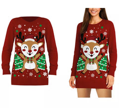 Maglione lungo con renna natalizia da donna
