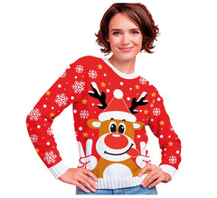 Maglione natalizio rosso con renne allegre per donna