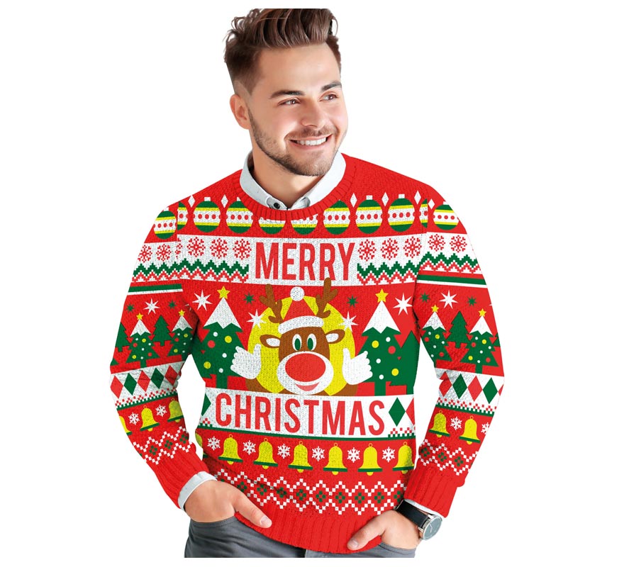 Translation missing: it.Jersey Navidad Reno Merry Christmas rojo para hombre