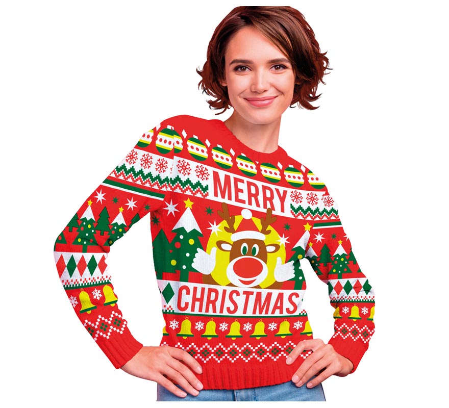 Translation missing: it.Jersey Navidad Reno Merry Christmas rojo para mujer