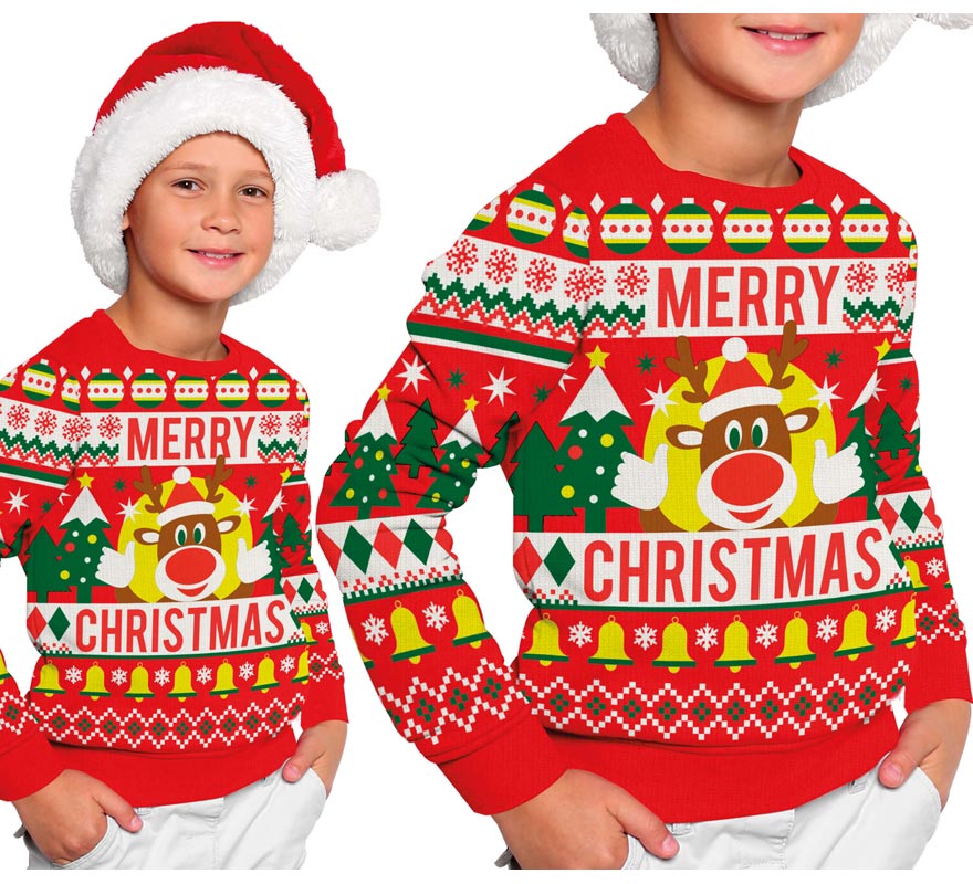 Translation missing: it.Jersey Navidad Reno Merry Christmas rojo para niños