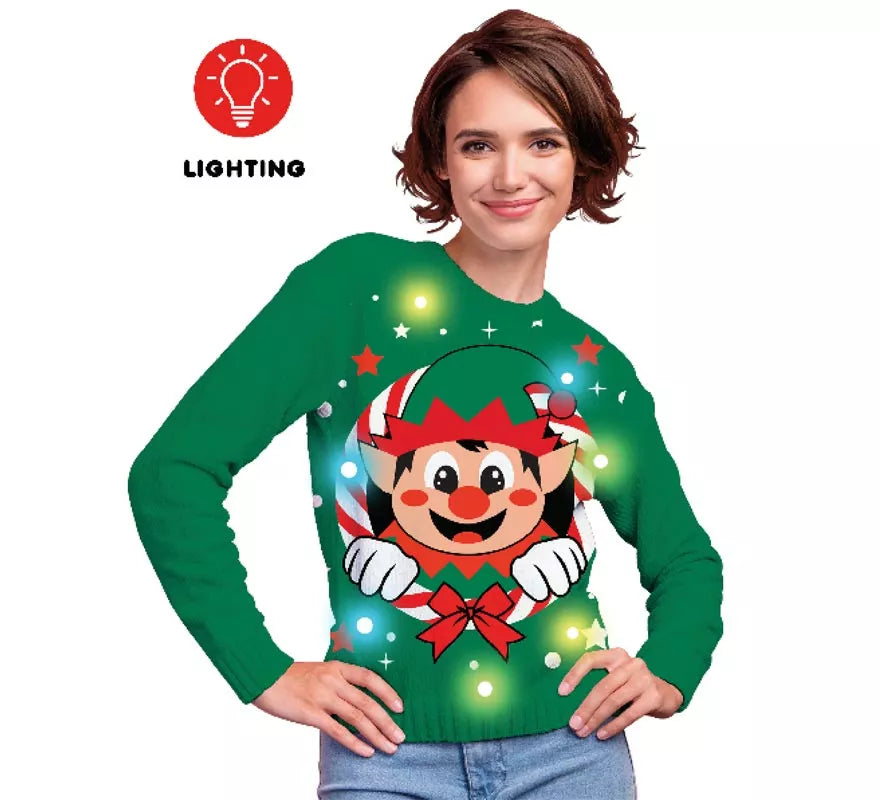 Jersey Navideño de Elfo con 12 Luces LED para mujer