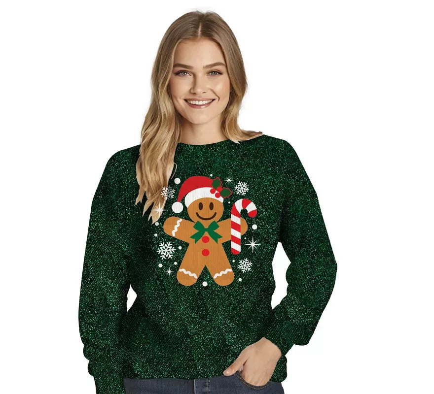 Translation missing: it.Jersey Navideño de Muñeco de Jengibre con Purpurina para mujer