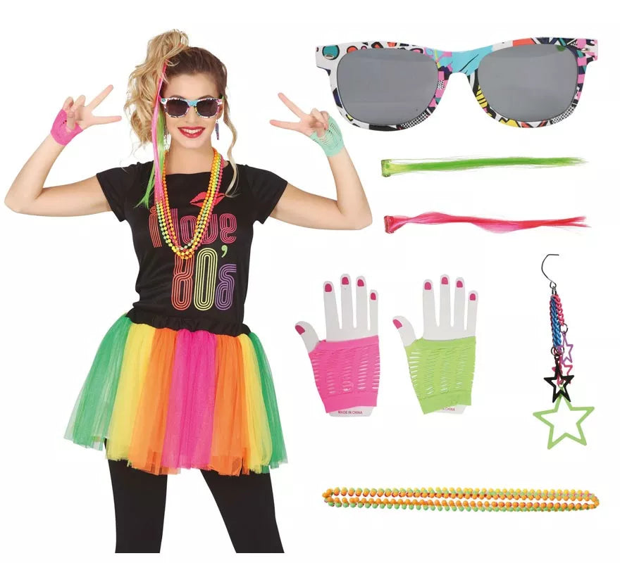 Translation missing: es.Kit Años 80: 2 Extensiones, Gafas, 2 Pendientes, 4 Collares y 2 Guantes