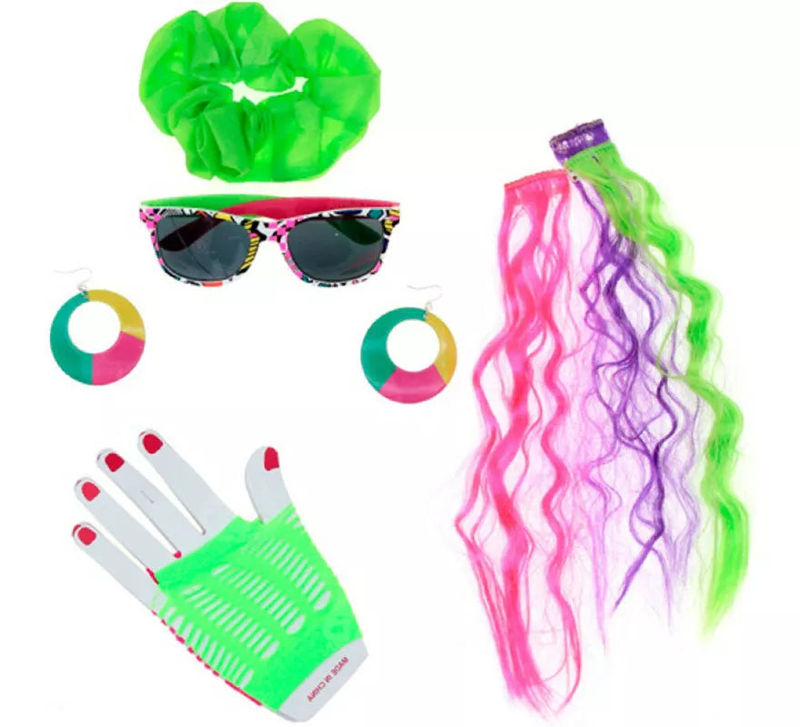Translation missing: es.Kit Años 80: Coletero, Gafas, Extensiones, Pendientes y Mitón