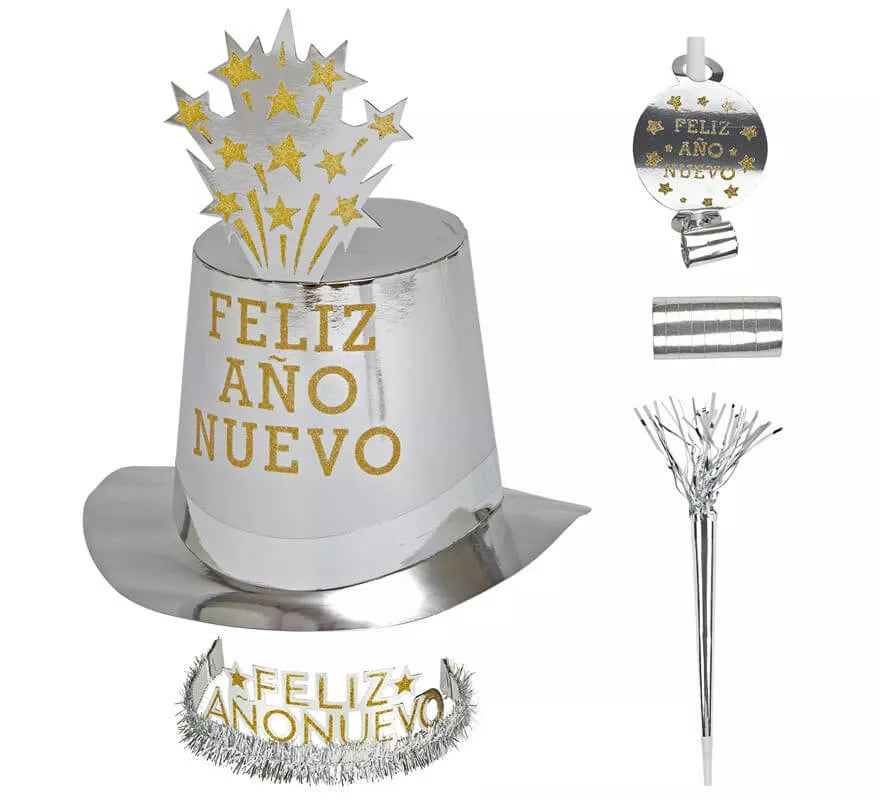 Translation missing: it.Kit Cotillón Feliz Año Nuevo Plateado para 10 personas