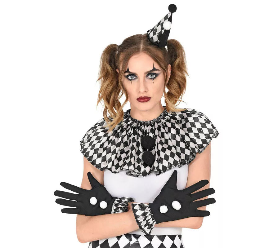 Kit de Arlequín Pierrot: Mini Sombrero, Guantes y Gorguera