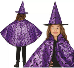 Kit da strega lilla per bambini: mantello e cappello