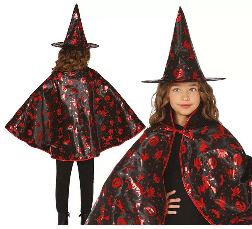 Translation missing: it.Kit de Bruja negro y rojo Infantil: Capa y Sombrero