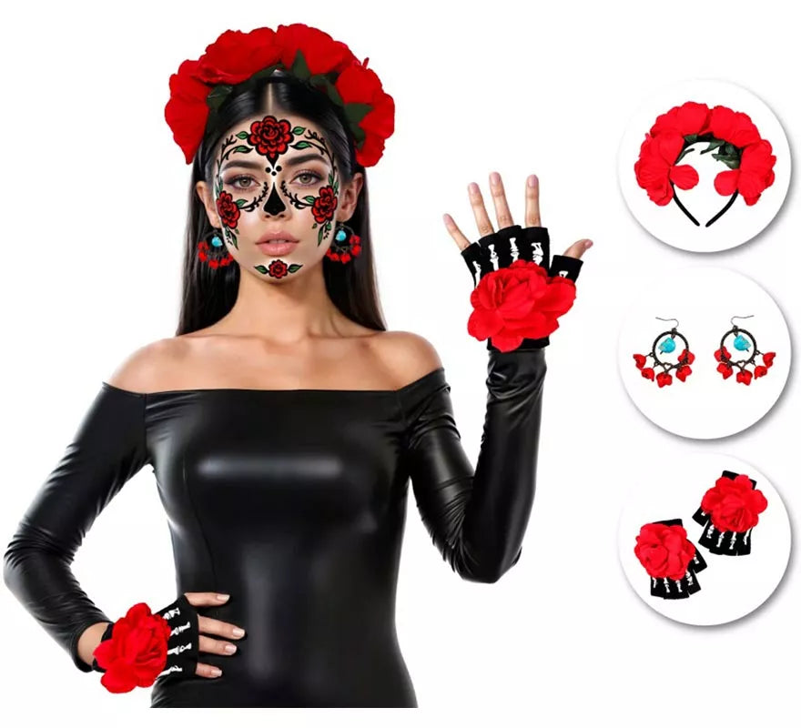 Kit de Catrina: Diadema, Pendientes y Mitones con Flor