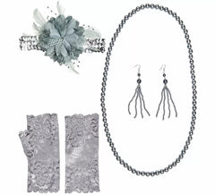 Kit Charleston anni '20: fiocco, orecchini, collana e guanti