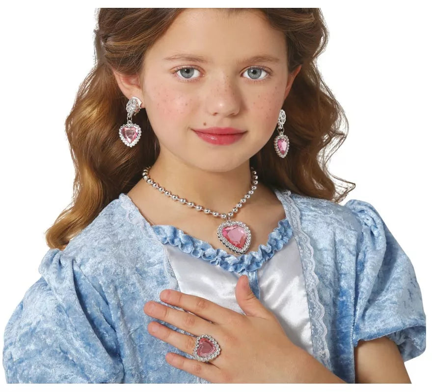 Kit de Corazón rosa infantil: Collar, Anillo y Pendientes