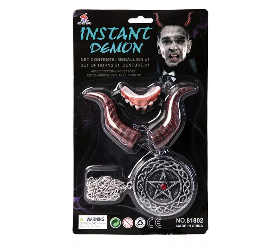 Kit de Demonio adulto: Cuernos, dentadura y medallón de 7,5 cm