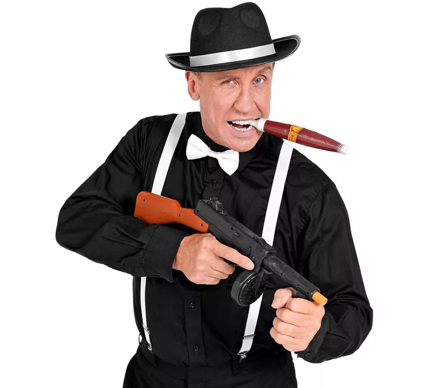 Kit de Gánster Blanco y Negro: Sombrero, Tirantes, Corbatín y Tabaco