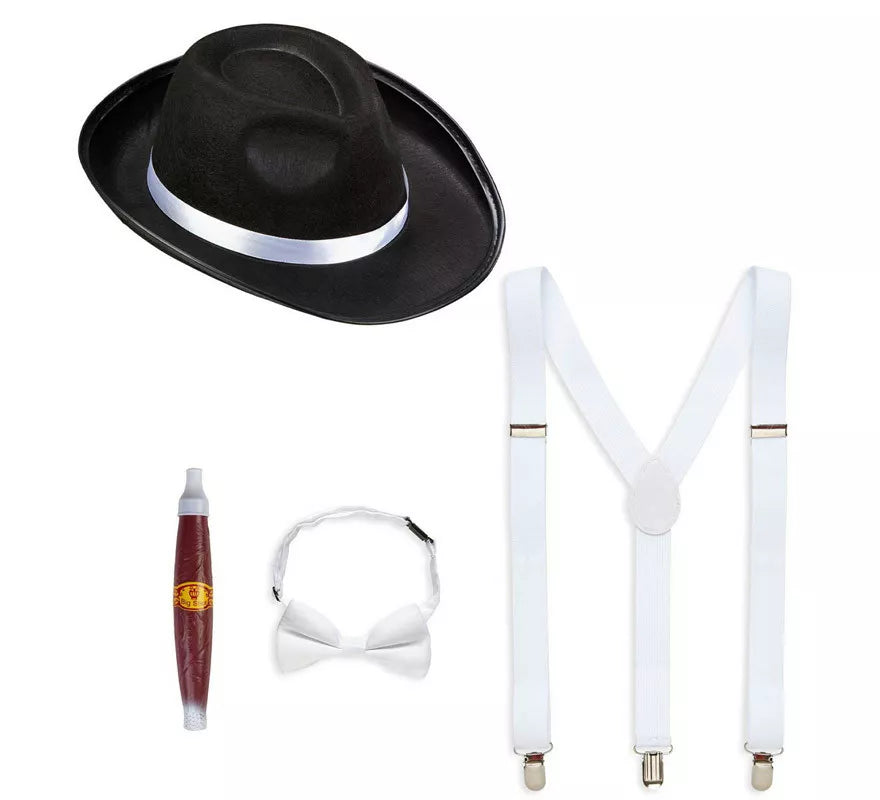 Translation missing: it.Kit de Gánster Blanco y Negro: Sombrero, Tirantes, Corbatín y Tabaco