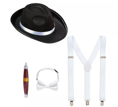 Kit Gangster Bianco e Nero: Cappello, Bretelle, Papillon e Tabacco