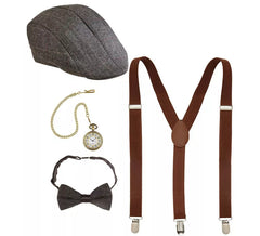Kit gangster inglese: berretto, bretelle, orologio e papillon