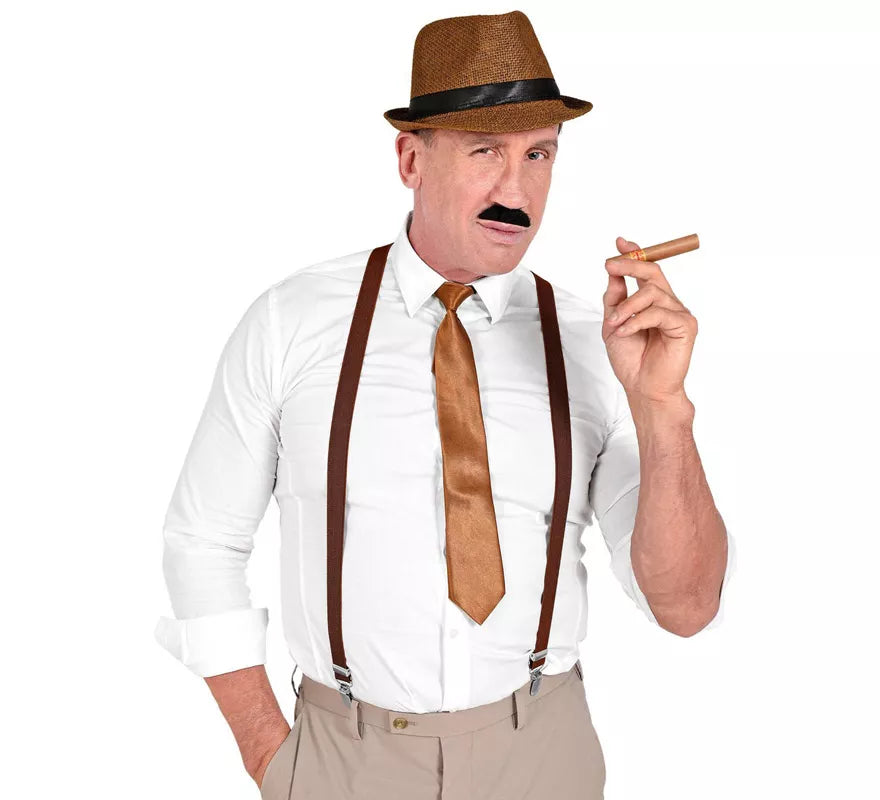 Translation missing: it.Kit de Gánster Marrón: Sombrero, Tirantes, Corbata, Bigote y Tabaco